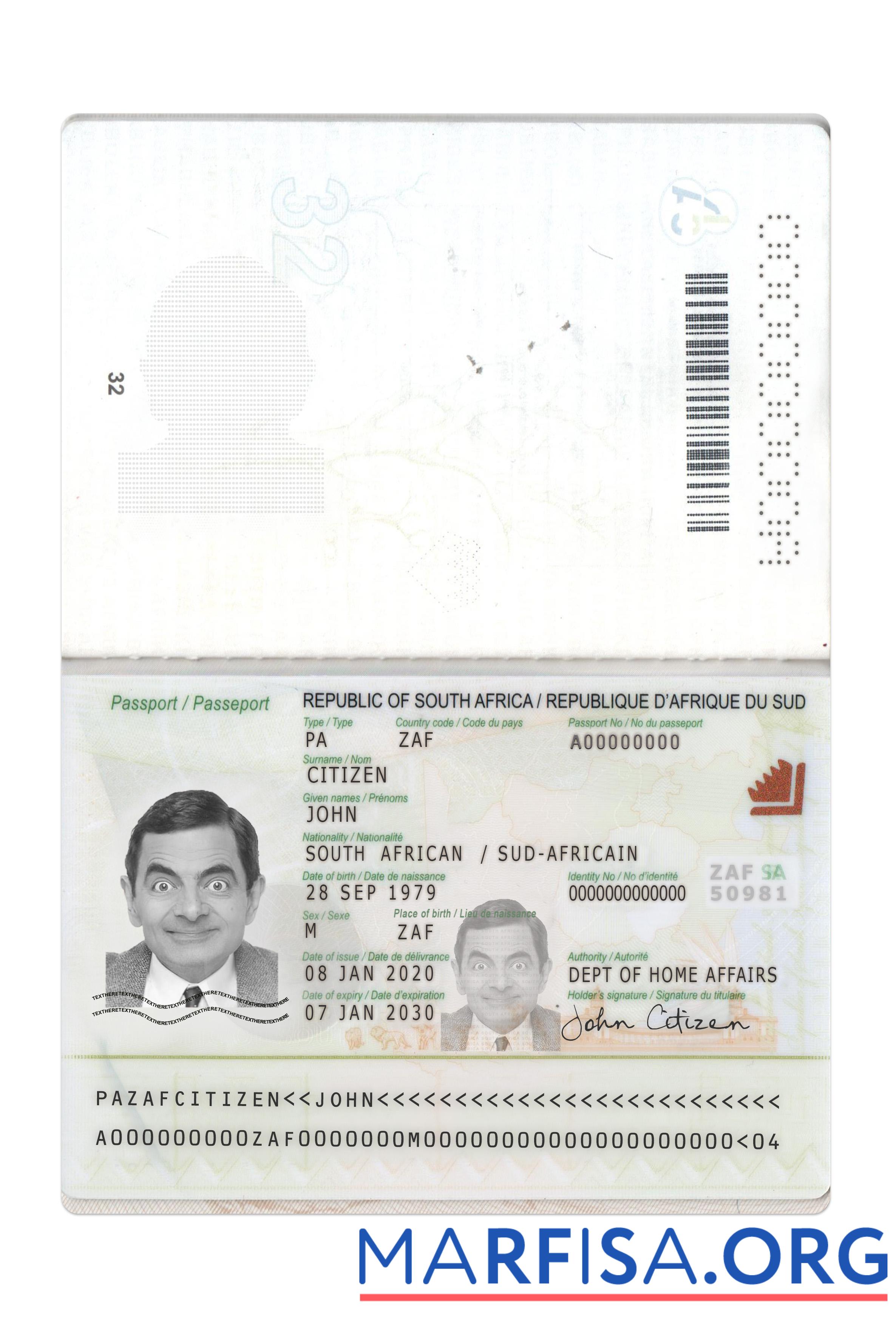 Blank South Africa passport 2020 present template